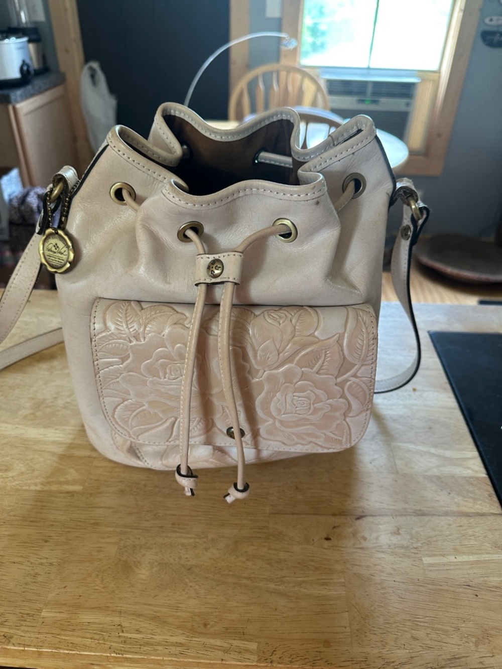 Patricia Nash Cream Floral Embossed Drawstring Crossbody